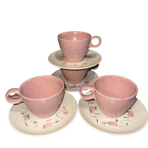 8pc Set Vernon Ware Tickled Pink Tea Coffee Cup Plates Saucers Speckled 50s MCM - Picture 1 of 4